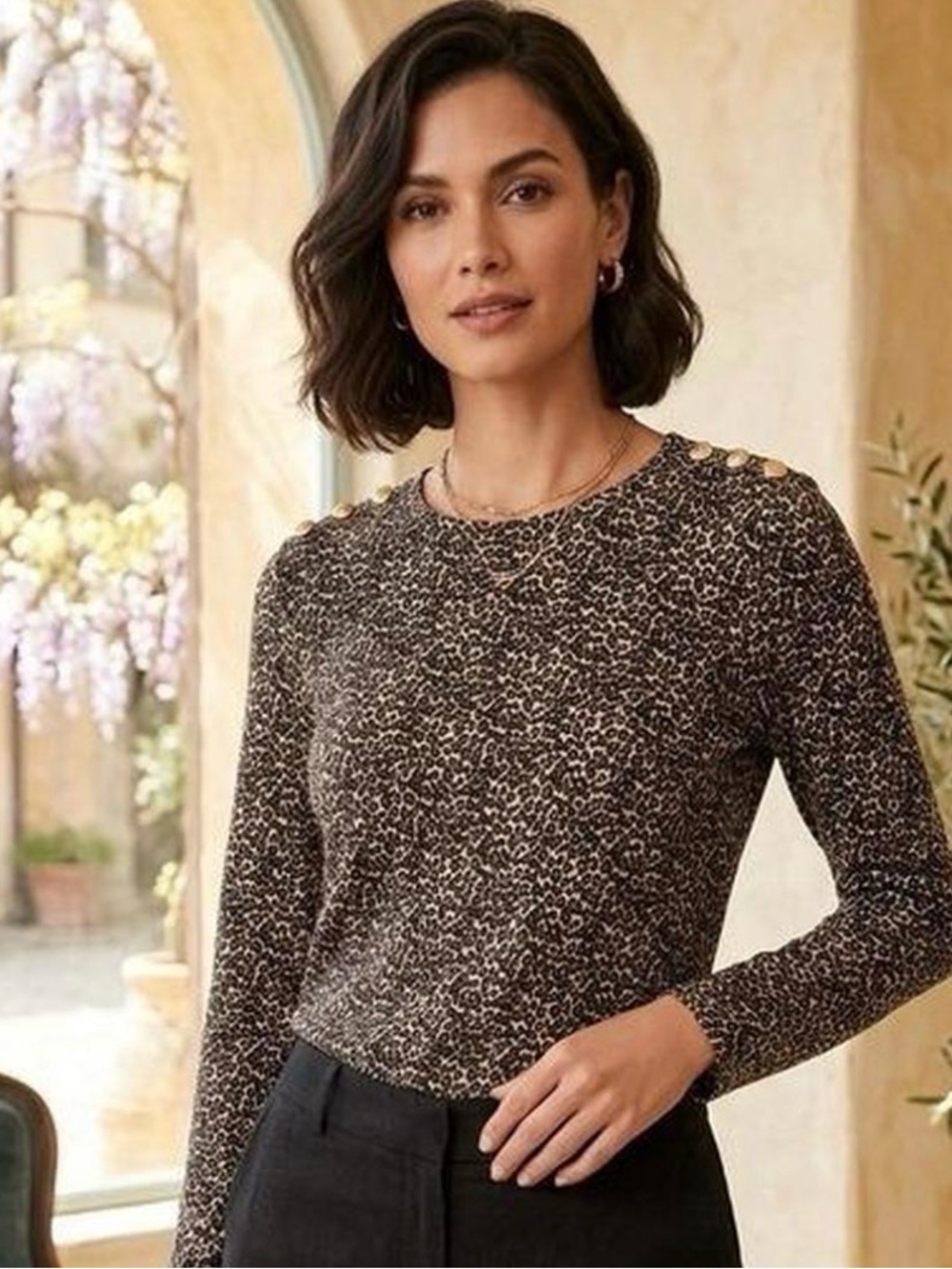 Rafaella Womens Leopard Print Long Sleeve Button Shoulder Top Brown Tan (S2)